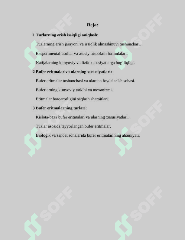 Tuzlarning erish issiqligi aniqlash.Bufer eritmalar va ularning turlari 2
