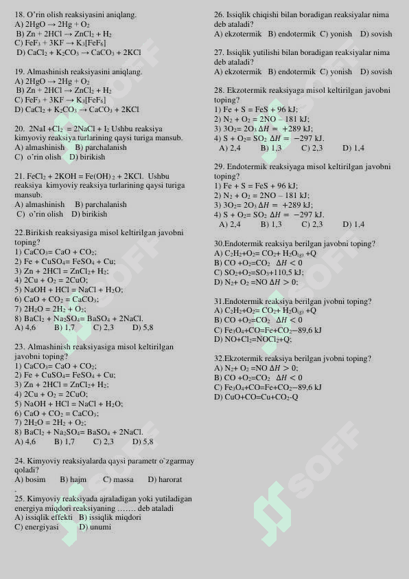 KIMYOVIY REAKSIYA TURLARI test 2