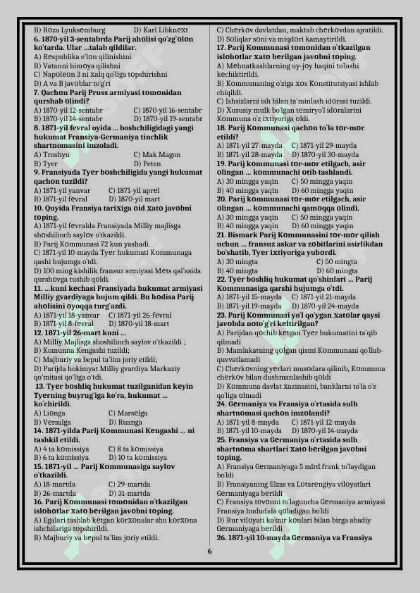 9-sinf Jahon tarixi test (2019-yilgi kitobdan) 6