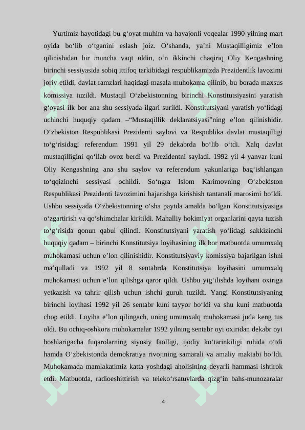 O’zbekiston Respublikasi Konstitutsiyasinng qabul qilinishi va uning tarixiy ahamiyati 4
