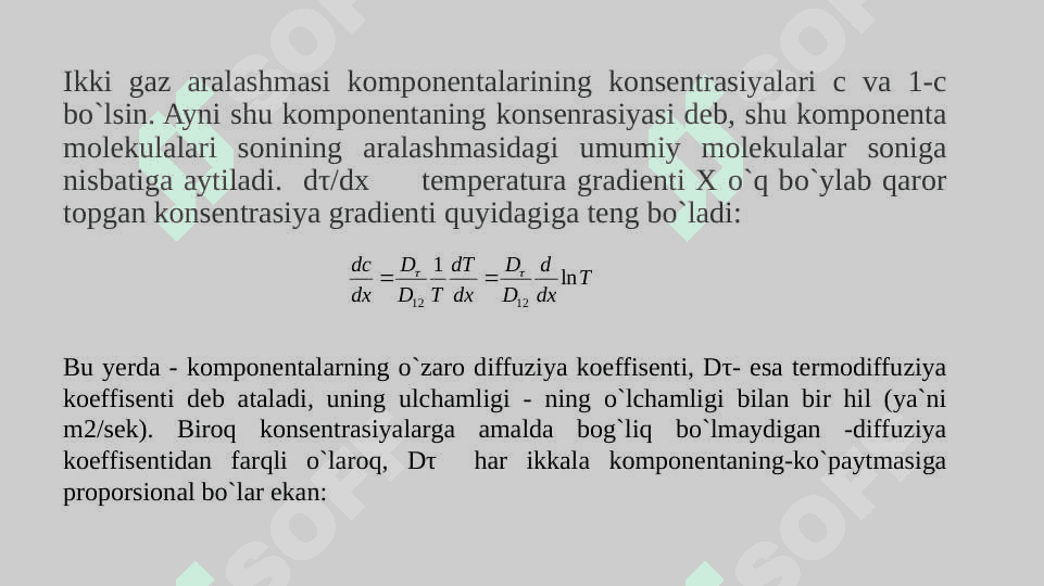 Termik diffuziya. Gazlarning issiqlik o‘tkazuvchanligi. Nostatsionar issiqlik o‘tkazuvchanlik 6