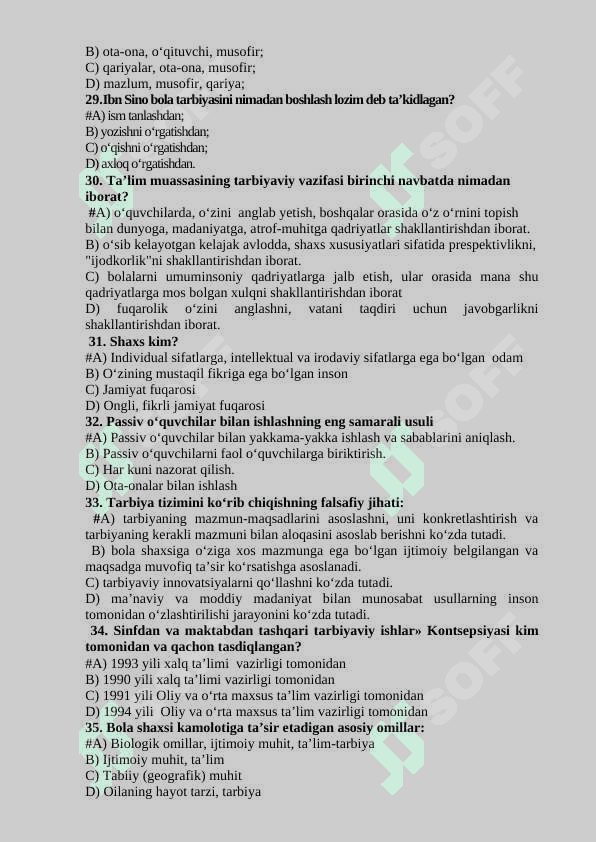 “TARBIYAVIY ISHLAR METODIKASI” fanidan testlar javoblari bilan 200 ta 5