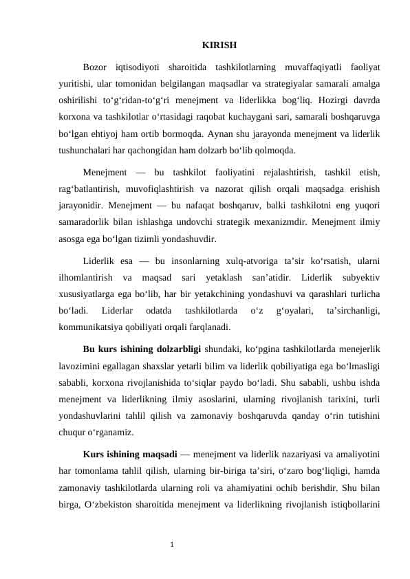 MENEJMENT TUSHUNCHASI, SHAKLLANISHI VA RIVOJLANISH BOSQICHLARI