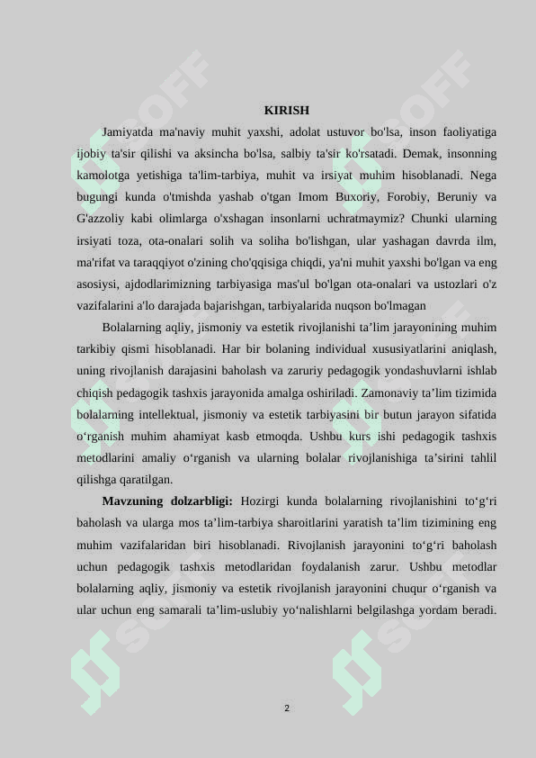 Bolalarning aqliy jismoniy va estetik rivojlanishi pedagogik tashxislarning metodlarini amaliy o'rganish 2