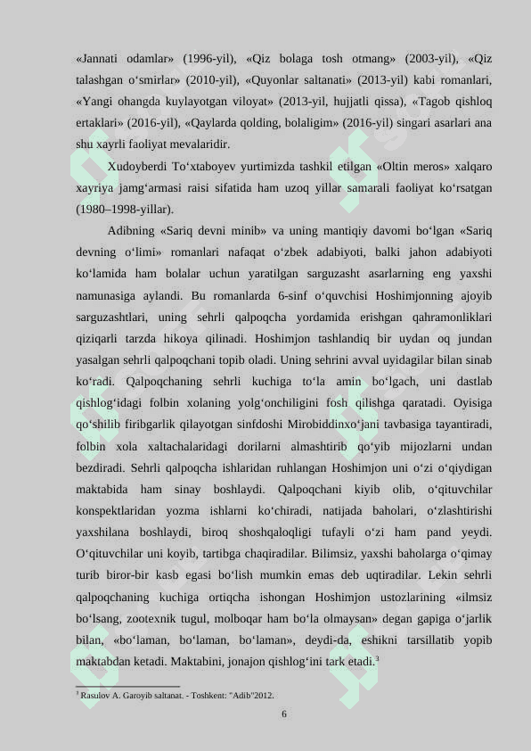 Xudoyberdi To‘xtaboyevning “Sariq devning o‘limi” va Luis Kerollning “Alisa mo‘jizalar mamlakatida” asarlarida bolalar adabiyotining o‘xshash va farqli jihatlari 6