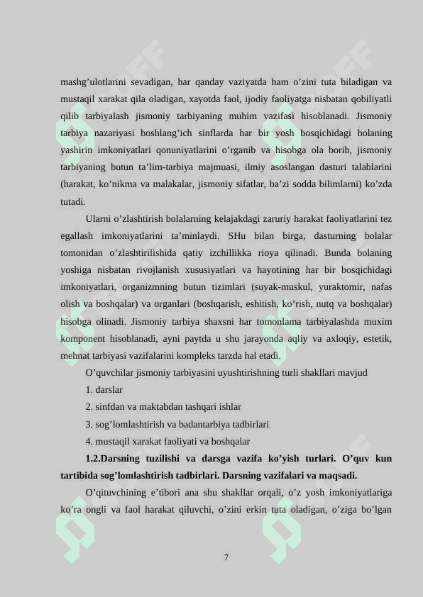 Jismoniy tarbiya darsi, jismoniy tarbiyalashning asosiy shakli 7