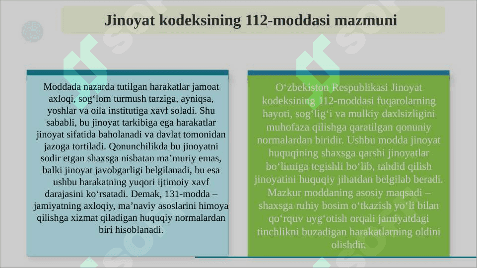 O‘zbekiston Respublikasi Jinoyat kodeksining 131-moddasi asosida “Fohishaxona saqlash yoki qo‘shmachilik qilish” jinoyatining tahlili.pptx 4