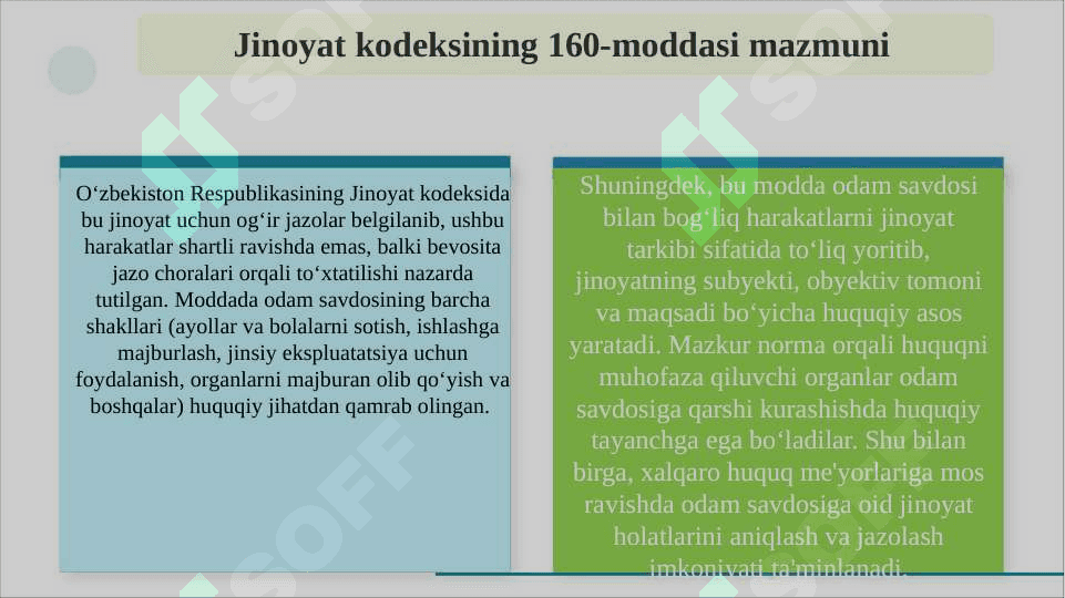 O‘zbekiston Respublikasi Jinoyat kodeksining 160-moddasi asosida “Odam savdosi jinoyati” jinoyatining tahlili.pptx 4
