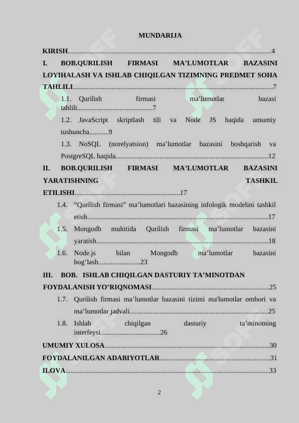 “Qurilish firmasi firmasi ma’lumotlar bazasini loyihalash va ishlab chiqish individual loyiha 2