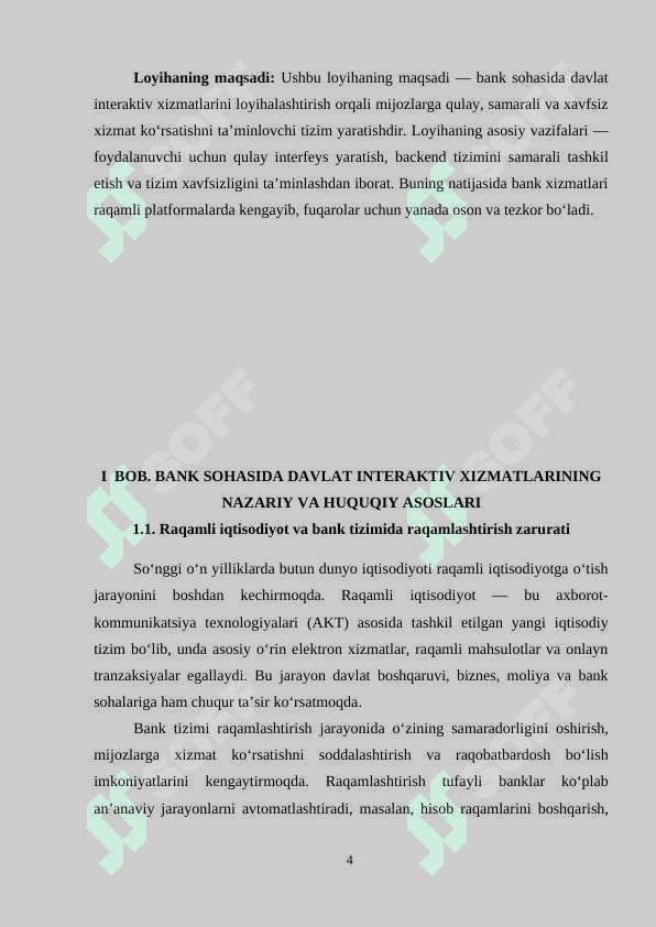 “Bank” sohasida davlat interaktiv xizmatlarini loyihalashtirish individual loyiha 4