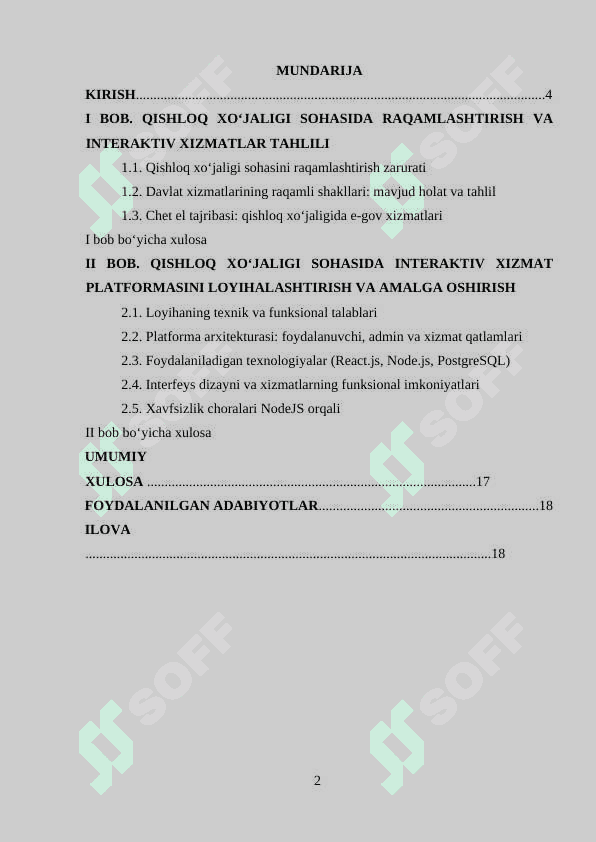 “Qishloq xo’jaligi” sohasida davlat interaktiv xizmatlarini loyihalashtirish  individual loyiha 2