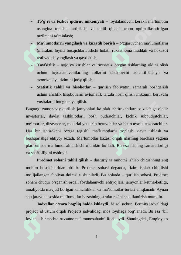 “Qurilish” sohasida davlat interaktiv xizmatlarini loyihalashtirish mavzusidagi individual loyiha 8