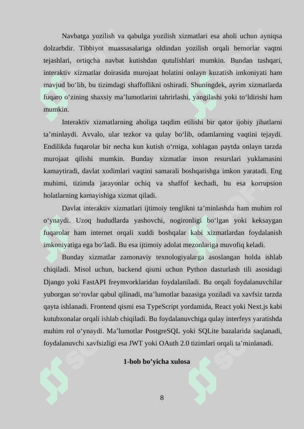 “Sog’liqni saqlash va ijtimoiy himoya” sohasida davlat interaktiv xizmatlarini loyihalashtirish individual loyiha 8