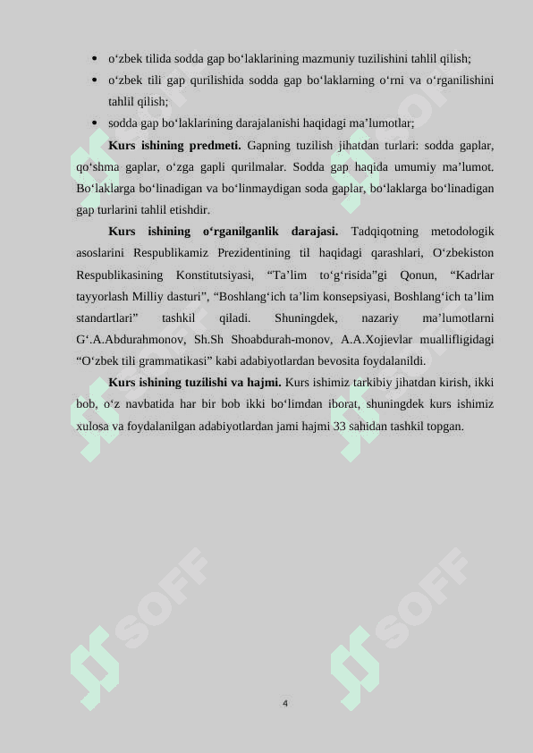 Gapning tuzilish jihatdan turlari: sodda gaplar, qo‘shma gaplar, o‘zga gapli qurilmalar. Sodda gap haqida umumiy ma’lumot. Bo‘laklarga boʻlinadigan va bo‘linmaydigan soda gaplar; bo‘laklarga bo‘linadigan gap turlari 4