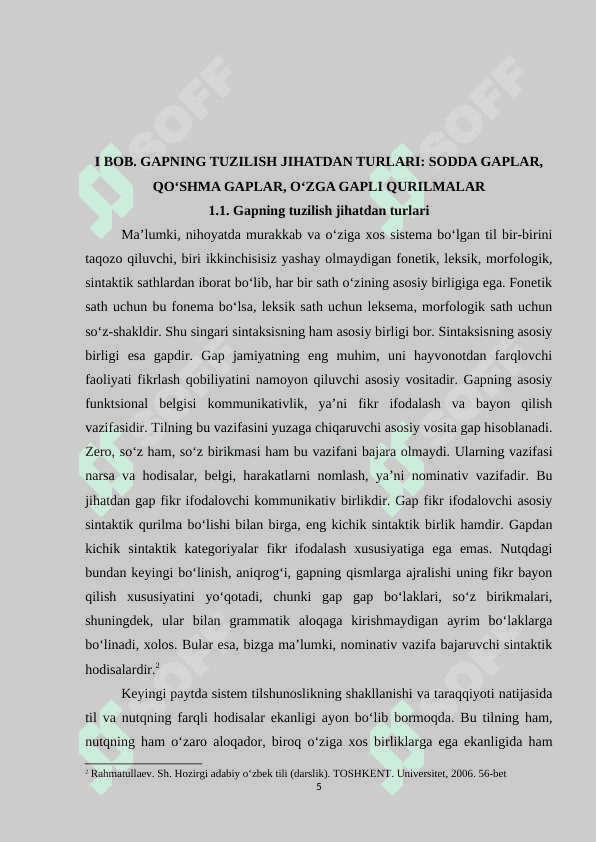 Gapning tuzilish jihatdan turlari: sodda gaplar, qo‘shma gaplar, o‘zga gapli qurilmalar. Sodda gap haqida umumiy ma’lumot. Bo‘laklarga boʻlinadigan va bo‘linmaydigan soda gaplar; bo‘laklarga bo‘linadigan gap turlari 5