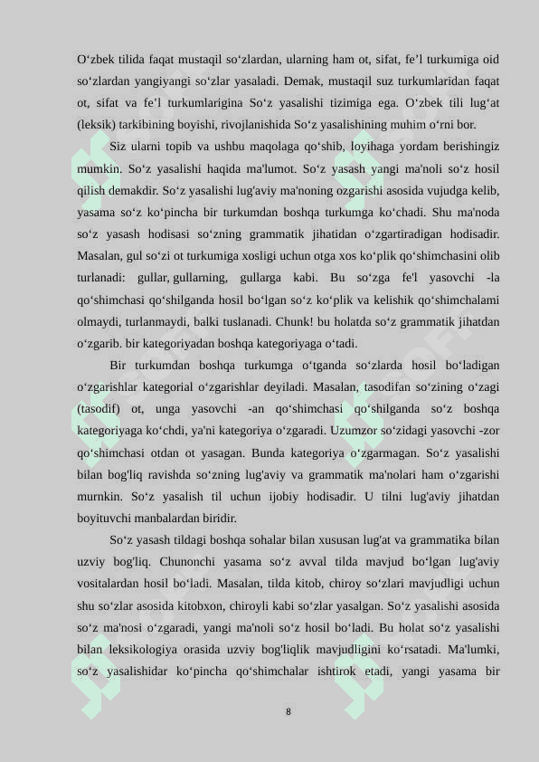 Hozirgi o‘zbek tilida so‘z yasalishi va uning ta’lim boshqichlarida berilishi 8