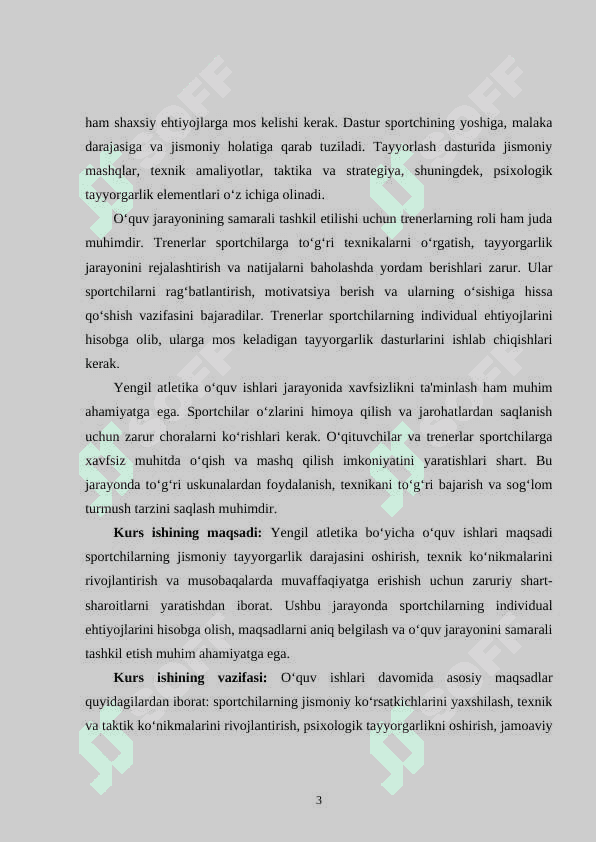 Yengil atletika bo‘yicha o‘quv ishlarini tashkil qilish, rejalashtirish. 3