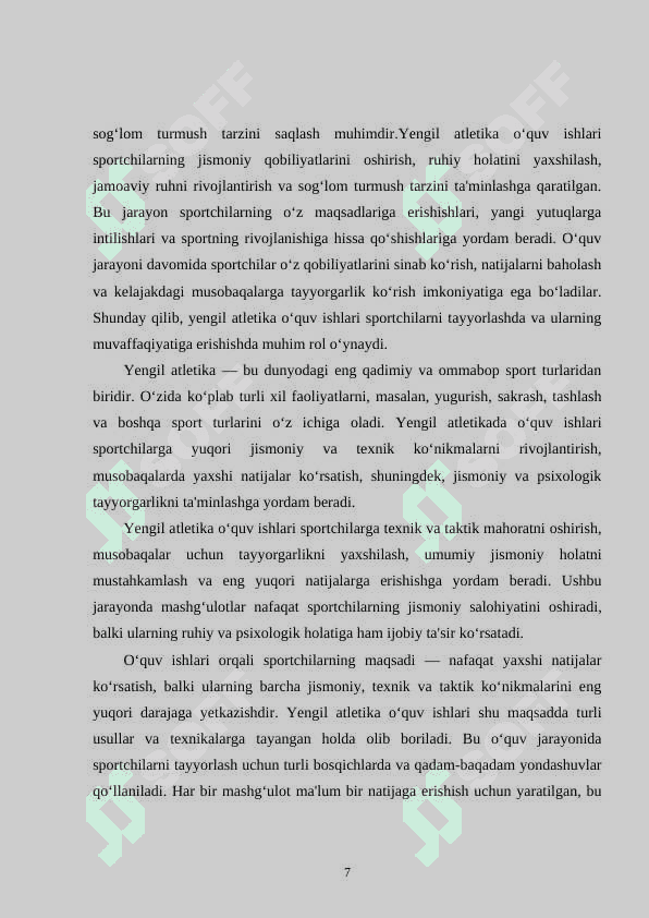 Yengil atletika bo‘yicha o‘quv ishlarini tashkil qilish, rejalashtirish. 7