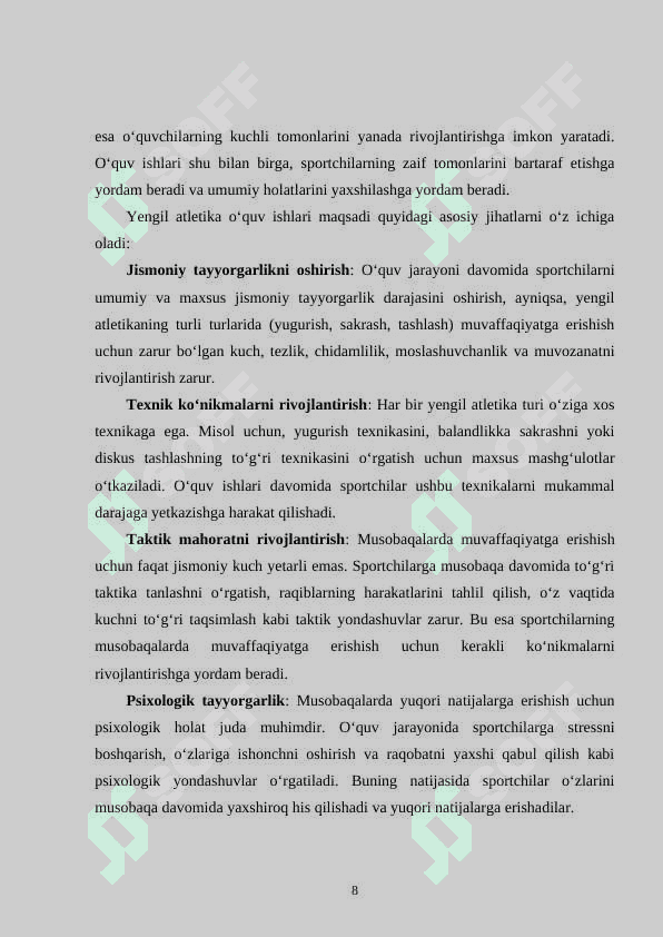 Yengil atletika bo‘yicha o‘quv ishlarini tashkil qilish, rejalashtirish. 8