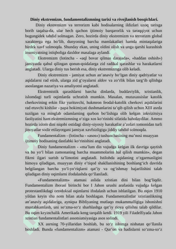Diniy aqidaparaslik (fanatizm) ekstrimizm paydo bo’lishining ijtimoiy-tarixiy zaminlari va rivojlari 3