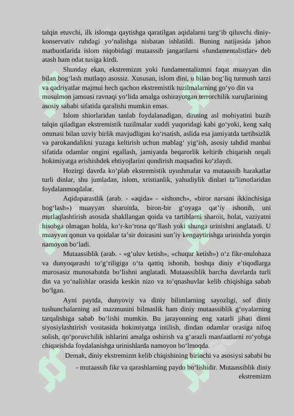 Diniy aqidaparaslik (fanatizm) ekstrimizm paydo bo’lishining ijtimoiy-tarixiy zaminlari va rivojlari 4