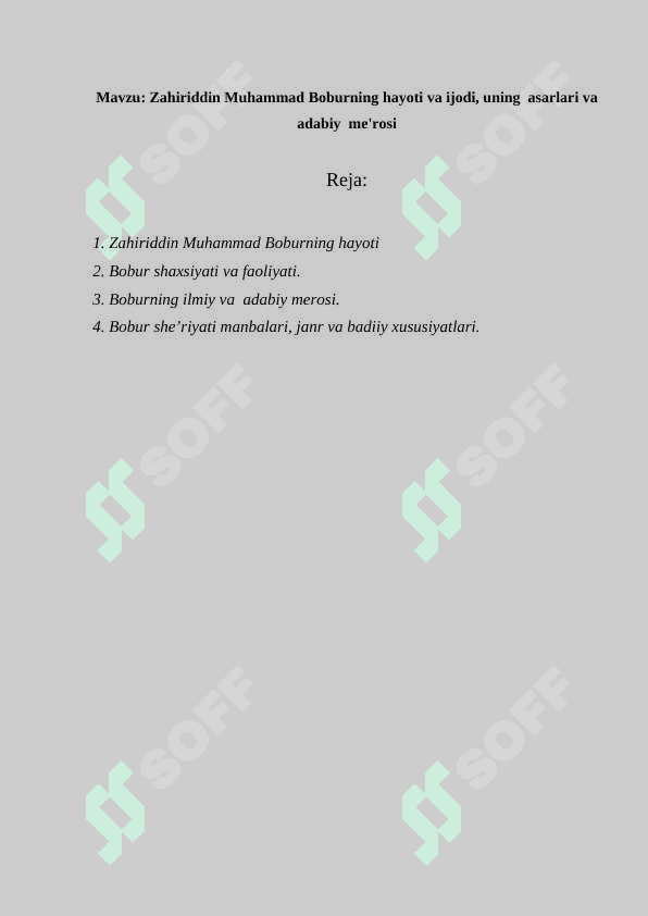 Zahiriddin Muhammad Boburning hayoti va ijodi, uning  asarlari va adabiy  me'rosi 2
