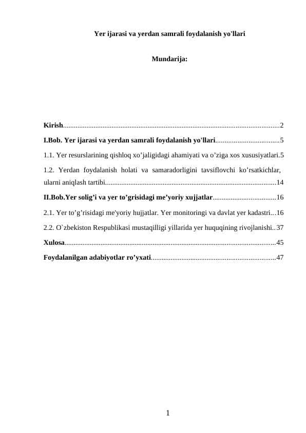 Yer ijarasi va yerdan samrali foydalanish yo'llari