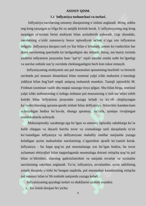 Inflyatsiya va uning turlari. Pulning barqarorligini ta`minlash yo`llari 6