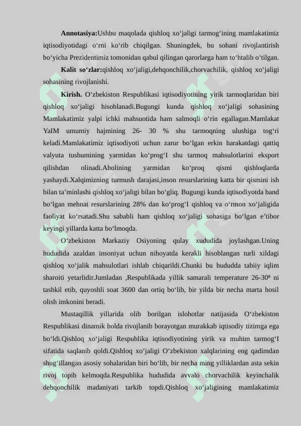 Qishloq xo‘jaligi tarmog‘ining respublika iqtisodiyotidagi o‘rni 3