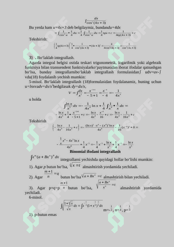 Aniqmas va aniq integirallarga doir misollar yechish 3