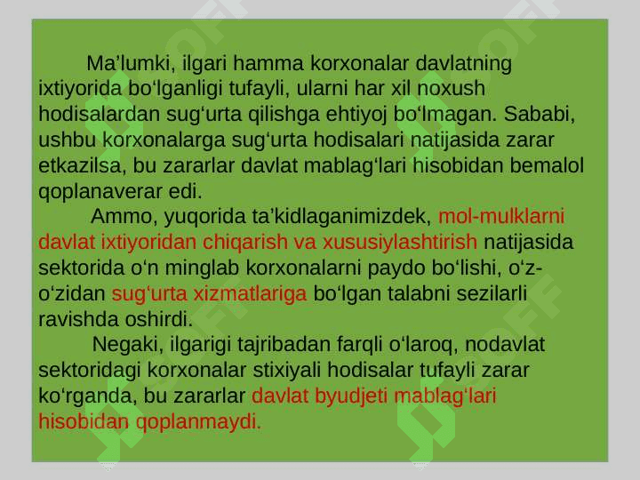 Sugʻurtadani rivojlanish bosqichlari. Sug‘urta bozori infratuzilmasi va uning subyektlari faoliyati 5