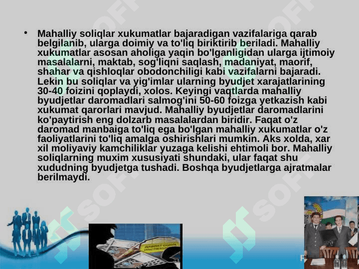 O`ZBEKISTON RESPUBLIKASIDA MAHALLIY SOLIQLAR VA YIG`IMLARNING AMAL QILISH MEXANIZMI 8