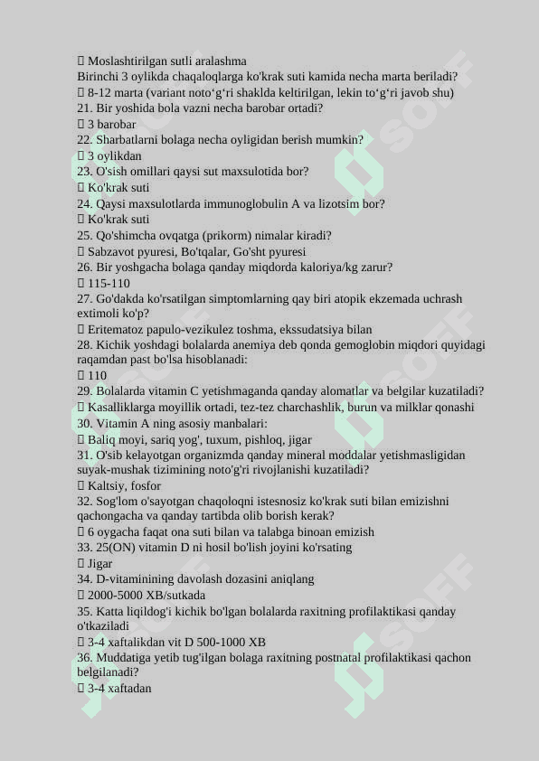 Umumiy pediatriya mutaxassisligi boʻyicha shakllantirilgan test 2