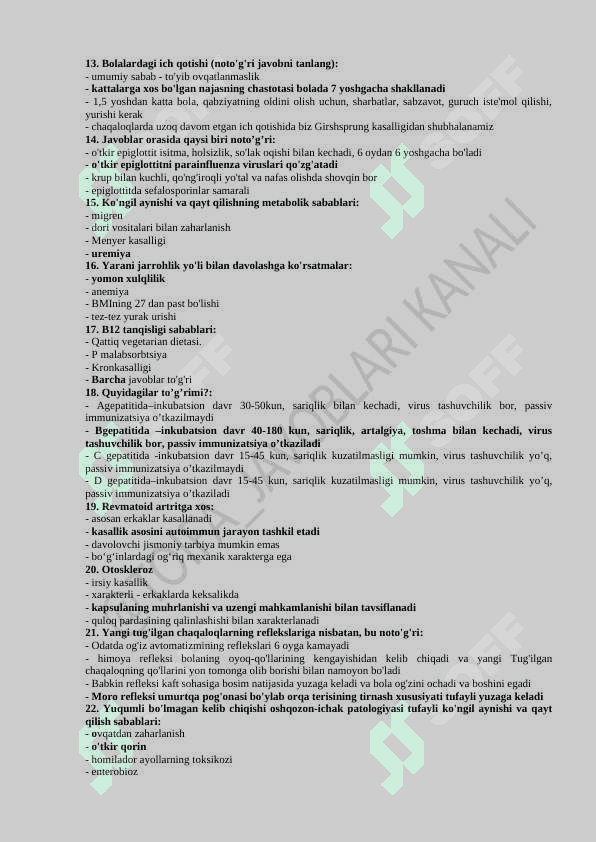 TOIFA OLISH UCHUN UMUMIY AMALIYOT VRACHLARINING 900 talik TEST SAVOLLARI VA JAVOBLARI 3