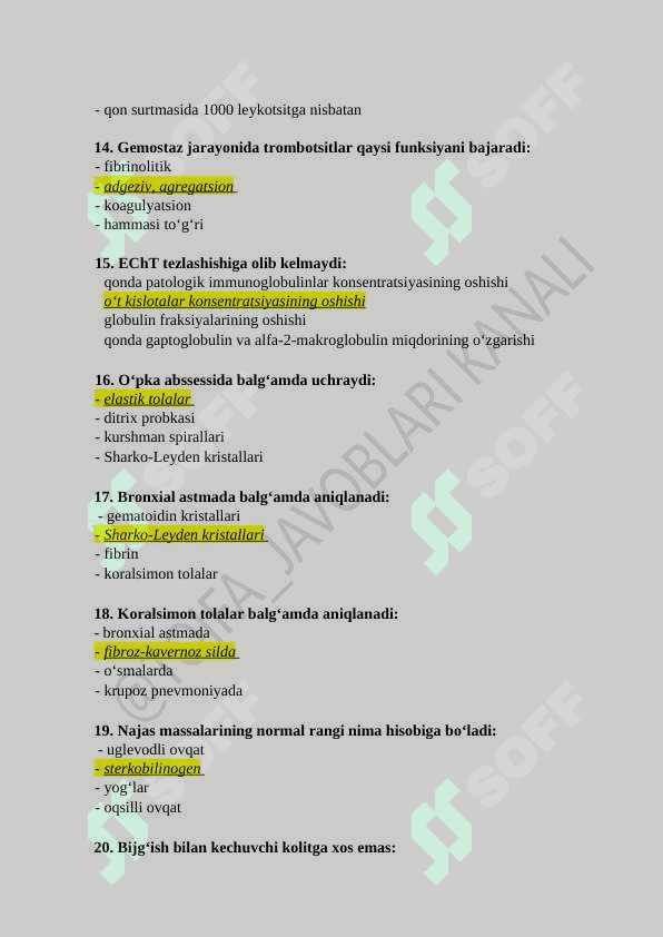 Klinik laboratoriya diagnostikasi mutaxasisiligi bo’yicha shakllantirilgan 500 talik test savol-javoblari ro’yxati 3