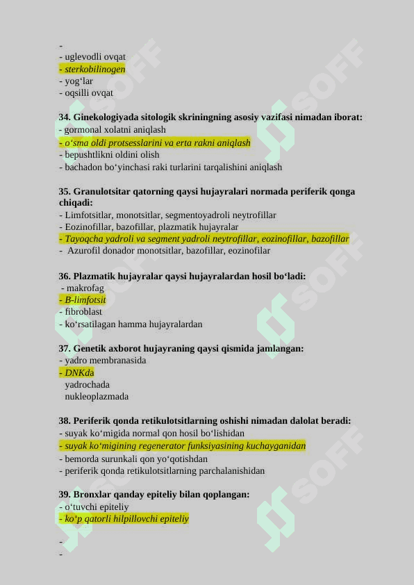Klinik laboratoriya diagnostikasi mutaxasisiligi bo’yicha shakllantirilgan 500 talik test savol-javoblari ro’yxati 6