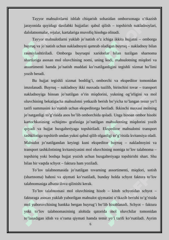 TAYYOR MAXSULOTNI OMBORGA QABUL QILISH TARTIBI,  BAHOLASH VA BUG'ALTERIYADAGI HISOB HAQIDA 6