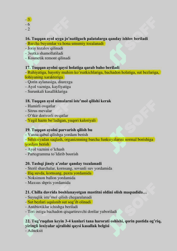 Akusherlik ishi mutaxassisligi bo’yicha shakllantirilgan test savollari ro’yxati 3