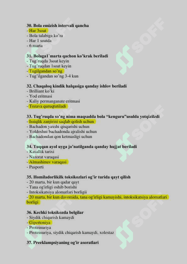 Akusherlik ishi mutaxassisligi bo’yicha shakllantirilgan test savollari ro’yxati 5