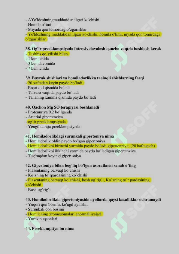 Akusherlik ishi mutaxassisligi bo’yicha shakllantirilgan test savollari ro’yxati 6