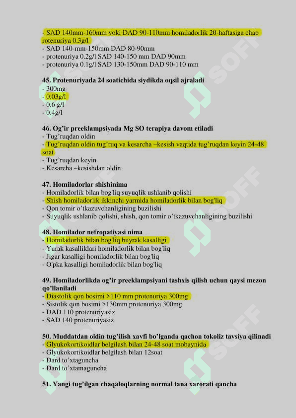 Akusherlik ishi mutaxassisligi bo’yicha shakllantirilgan test savollari ro’yxati 7
