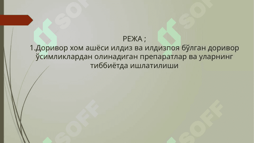 Доривор хом ашёси илдиз ва илдизпоя булган доривор ўсимликлар (занжабил илдизпояси, ипекакуана, кизилмия илдизи, ехинопанакс илдизи ва илдизпояси). 2