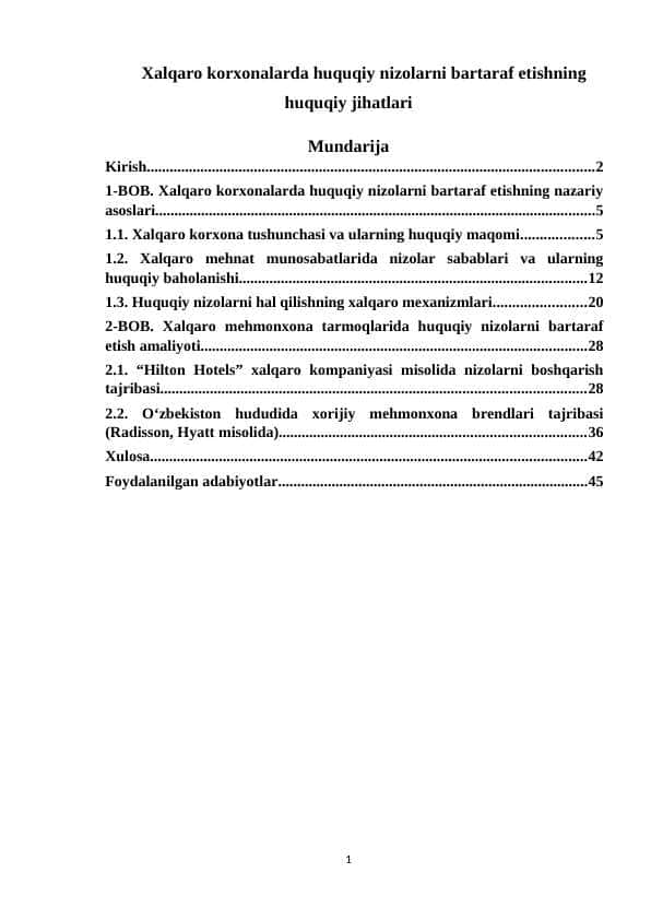 Xalqaro korxonalarda huquqiy nizolarni bartaraf etishning huquqiy jihatlari