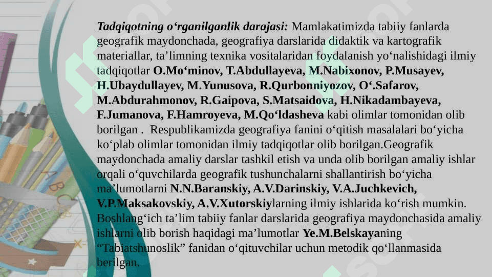 “BOSHLANG‘ICH  TA’LIM TABIIY FANLAR DARSLARIDA GEOGRAFIK TUSHUNCHALARNI SHAKLLANTIRISHDA GEOGRAFIYA MAYDONCHASINING AHAMIYATI” mavzusidagi  BITIRUV MALAKAVIY ISHI 6