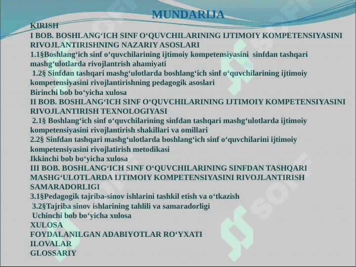 SINFDAN TASHQARI MASHG‘ULOTLARDA BOSHLANG‘ICH SINF O‘QUVCHILARINING IJTIMOIY KOMPETENSIYASINI RIVOJLANTIRISH  mavzusidagi BITIRUV MALAKAVIY ISHI 2
