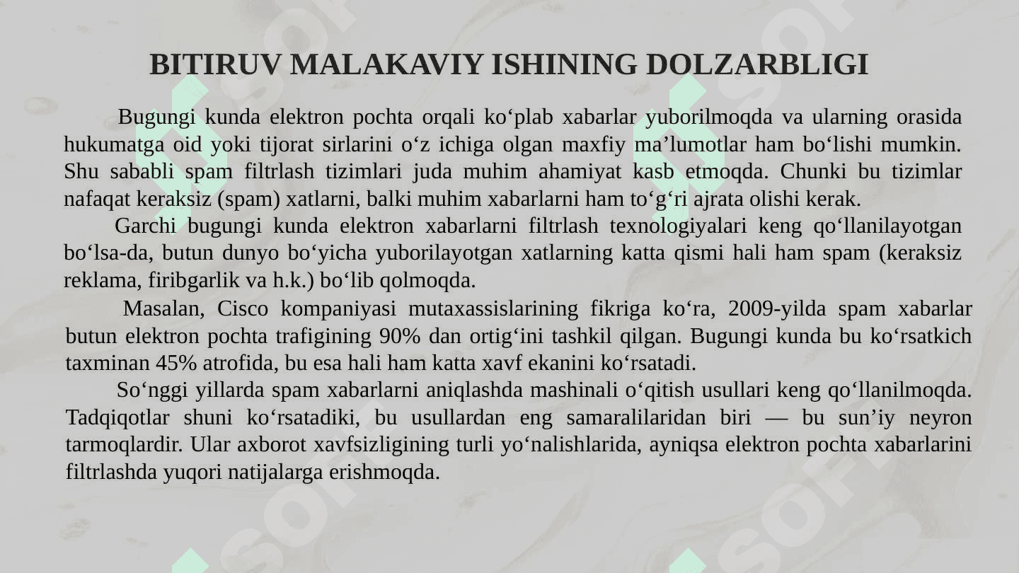 Spamni aniqlash uchun electron pochta xabarlarini tasniflash algoritmini ishlab chiqish 2