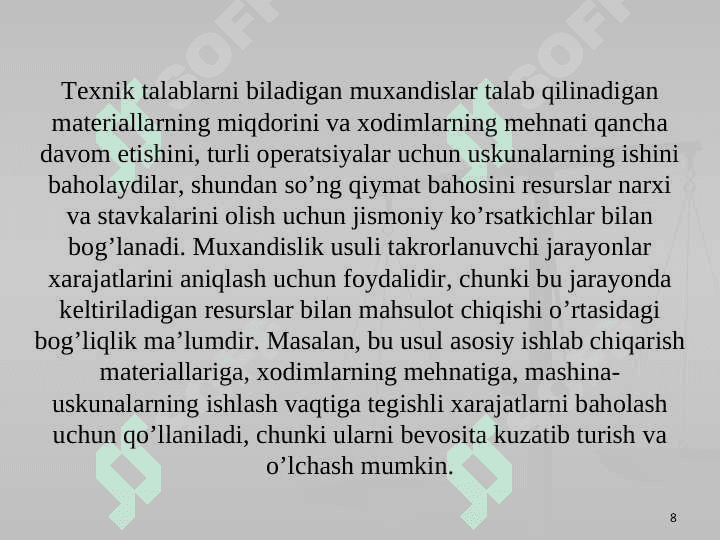 XARAJATLARNI BAHOLASH VA ULAR DINAMIKASI 8