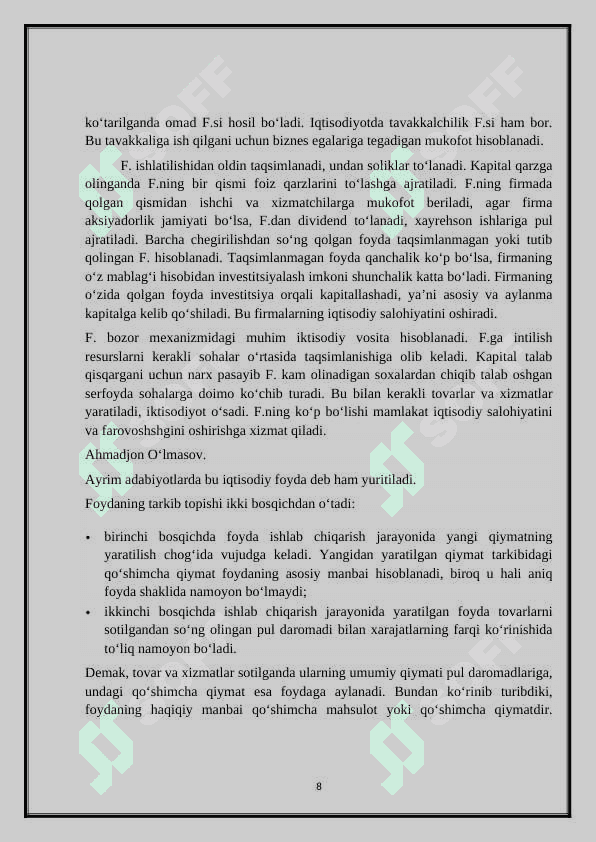 Foydani iqtisodiy mazmuni, uning turlari va unga ta’sir qiluvchi omillar 8