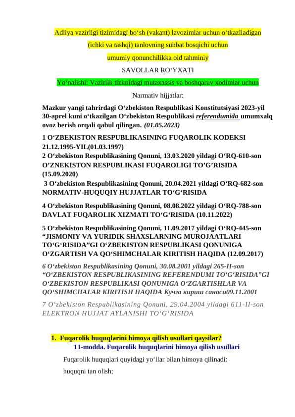 Adliya vazirligi tizimidagi bo‘sh (vakant) lavozimlar uchun argos 200 ta savol va javoblar 2025