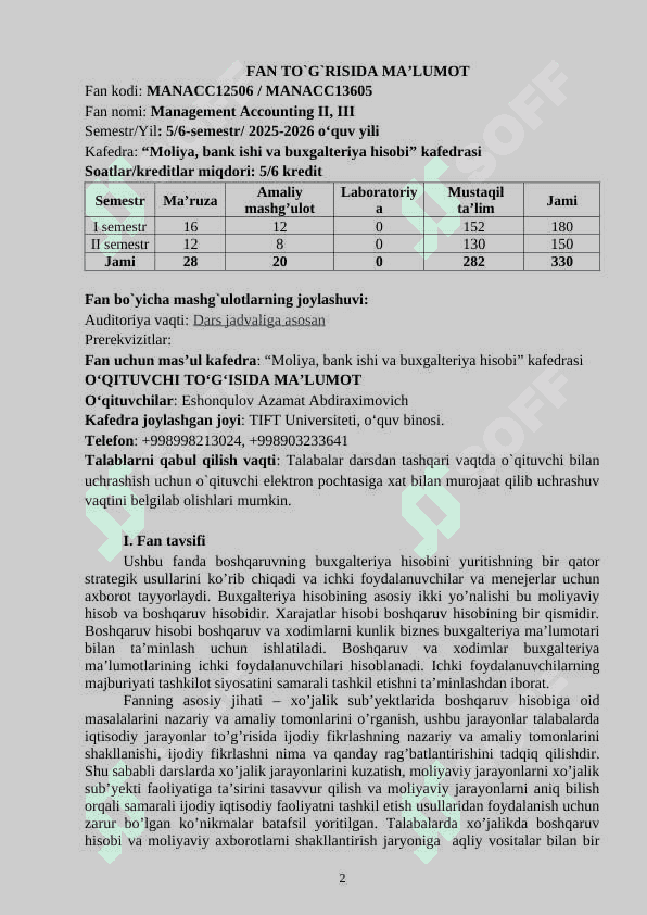 MANAGEMENT ACCOUNTING II, III FAN SILLABUSI 2